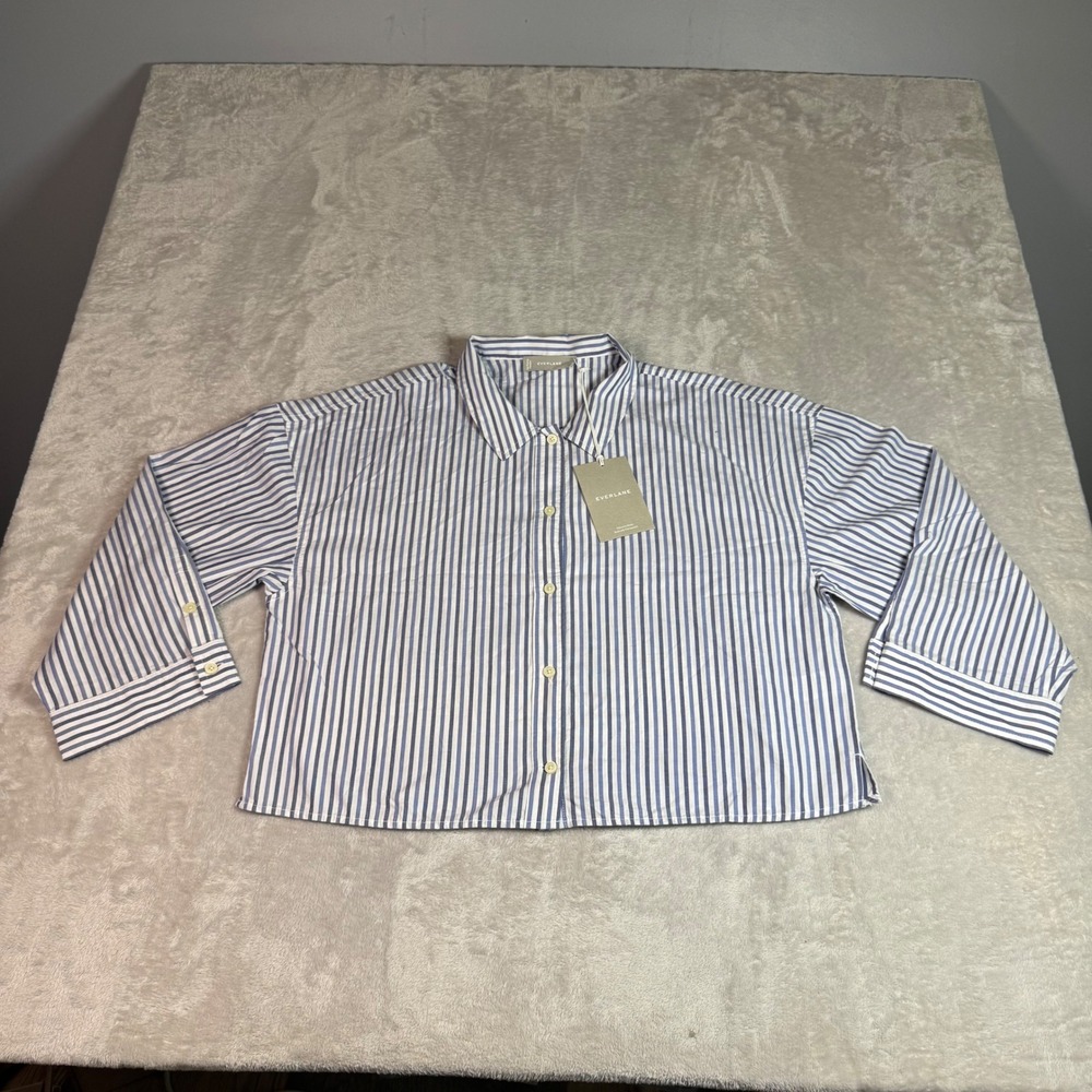 NWT Everlane Women M Cotton PJ Top Blue White Striped Relaxed Fit Button Pajama